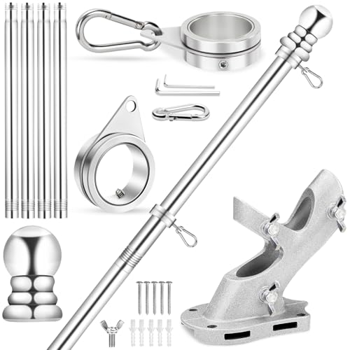 REERON House Flag Pole Kit, 5 FT Metal Spinning Flag Poles Kit, 1" Tangle Free Stainless Steel Flagpole with 360° Flagpole Rings & 2-Position Bracket for Outside House Porch Wall Mount for 3x5 Flag - Image 1