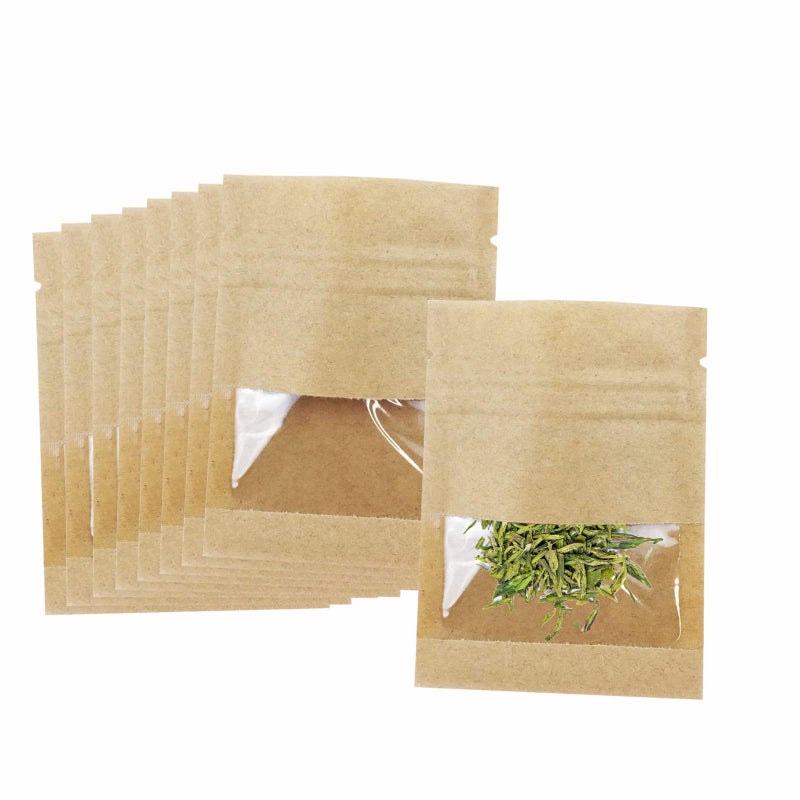 100 PackClear Window Airtight Brown Kraft Paper for Zip Food Storage Lock Small Mini Papar Bags Reclosable Seal Zipper Pouch Coffee Packaging Sample Bags for Small Business 275x35