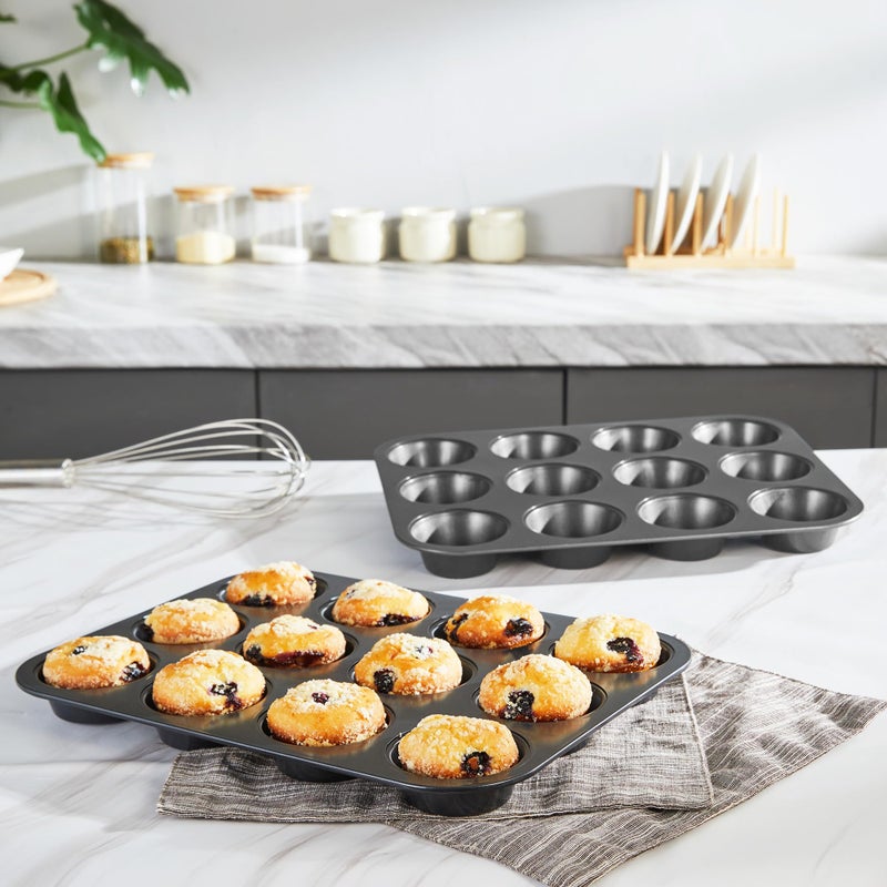 HONGBAKE Muffin Pan for Baking, Nonstick Cupcake Tin 12 Cup, 2 Pack Cup Cake Tray, Premium Cheesecake Pans, Dishwasher Safe - Dark Grey - Image 3