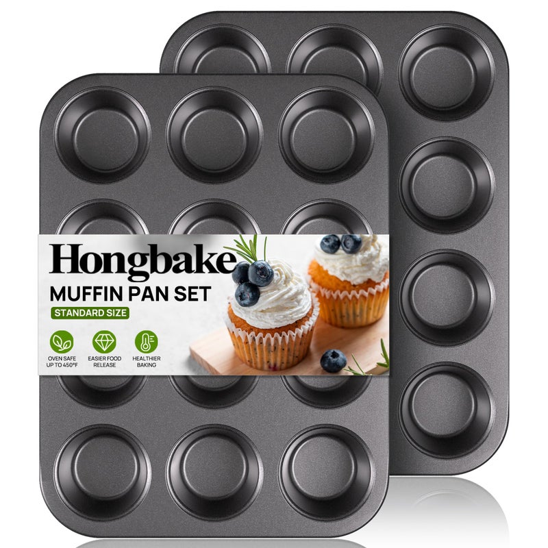 HONGBAKE Muffin Pan for Baking, Nonstick Cupcake Tin 12 Cup, 2 Pack Cup Cake Tray, Premium Cheesecake Pans, Dishwasher Safe - Dark Grey - Image 1