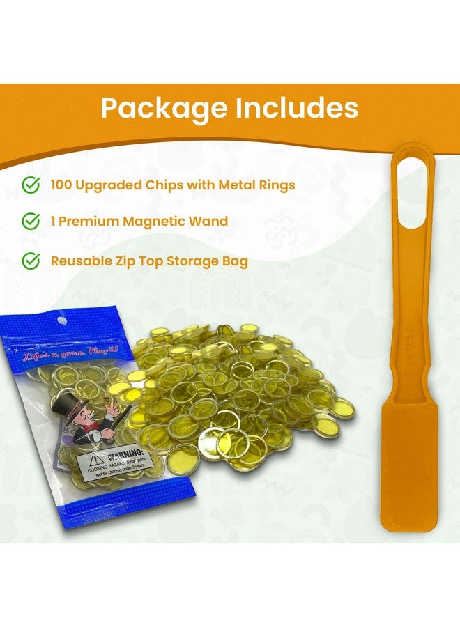 MR CHIPS Made in USA Upgraded Bingo Magnetic Wand & 100 Pieces ¾ Inch Yellow Plastic Chips with Metal Rings - Support American Jobs - Image 2