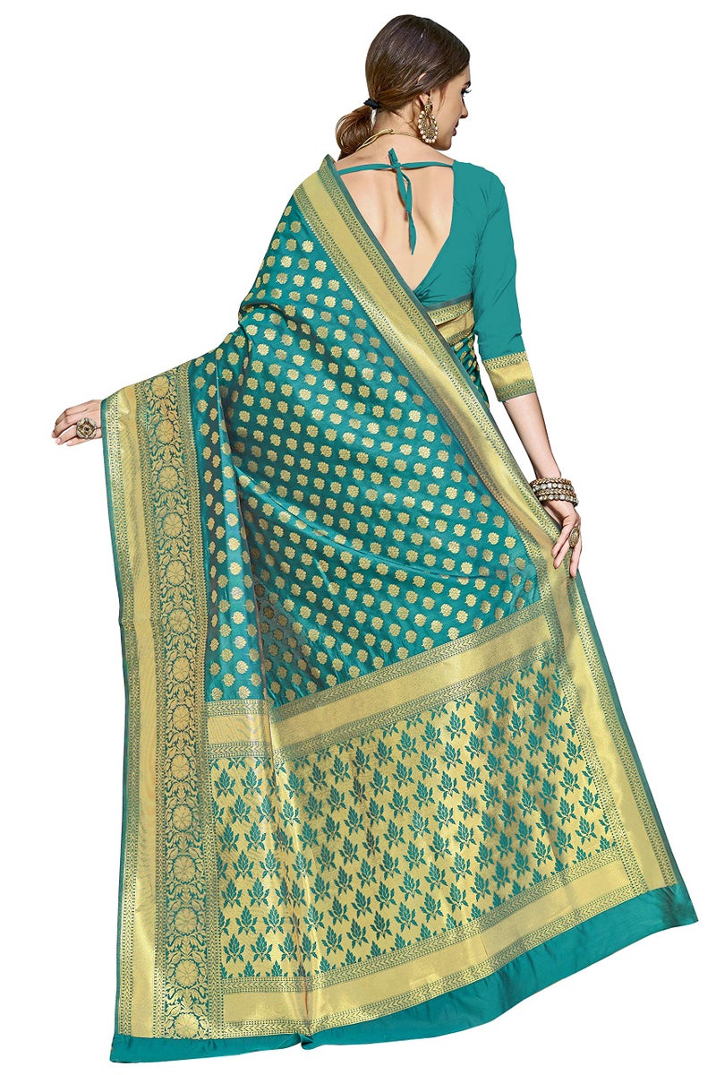 Glory Sarees Women's Woven Pure Soft Kanjivaram Silk Saree Banarasi Style With Blouse Piece for Wedding (kara115tealgreen_Teal Green) - Image 3