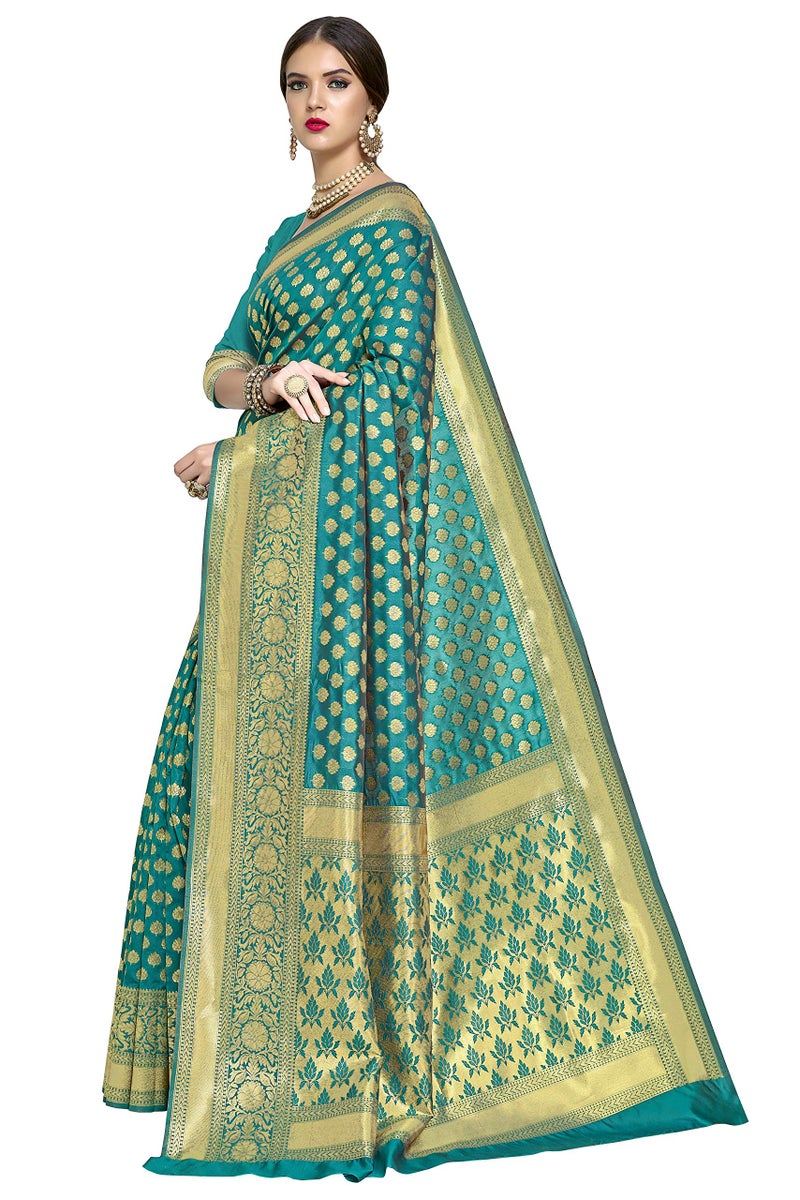Glory Sarees Women's Woven Pure Soft Kanjivaram Silk Saree Banarasi Style With Blouse Piece for Wedding (kara115tealgreen_Teal Green) - Image 2