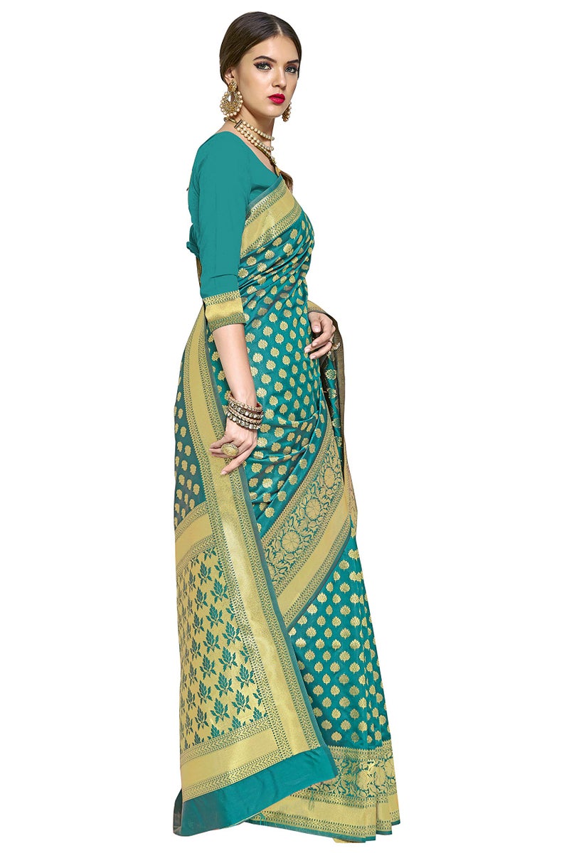 Glory Sarees Women's Woven Pure Soft Kanjivaram Silk Saree Banarasi Style With Blouse Piece for Wedding (kara115tealgreen_Teal Green) - Image 4