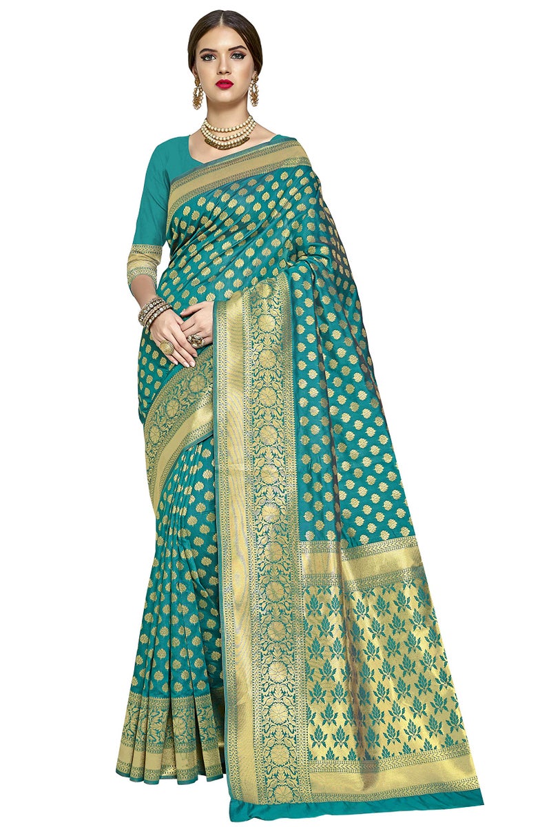 Glory Sarees Women's Woven Pure Soft Kanjivaram Silk Saree Banarasi Style With Blouse Piece for Wedding (kara115tealgreen_Teal Green) - Image 1