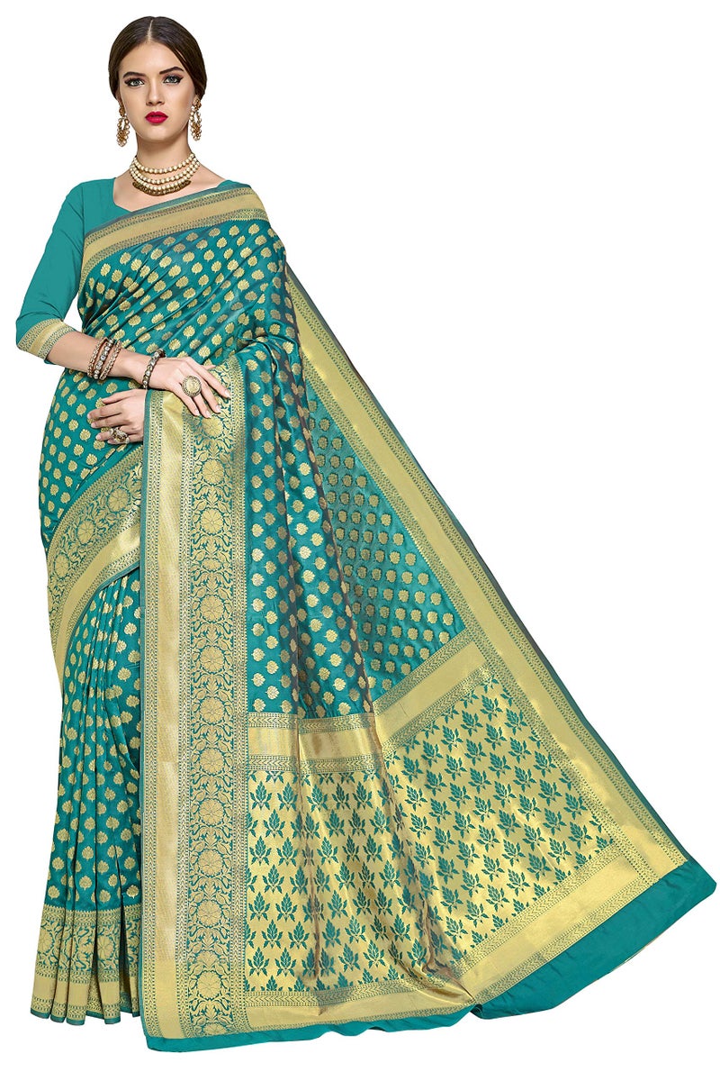 Glory Sarees Women's Woven Pure Soft Kanjivaram Silk Saree Banarasi Style With Blouse Piece for Wedding (kara115tealgreen_Teal Green) - Image 5