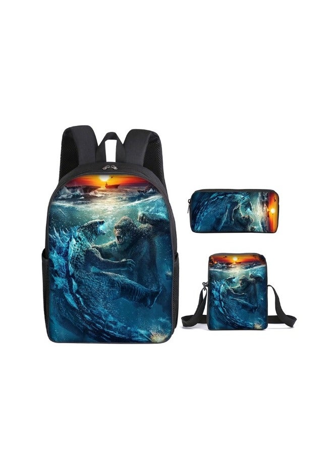 Godzilla Children's leisure load reducing large capacity printed backpack for elementary school students, 3-piece set - Image 1