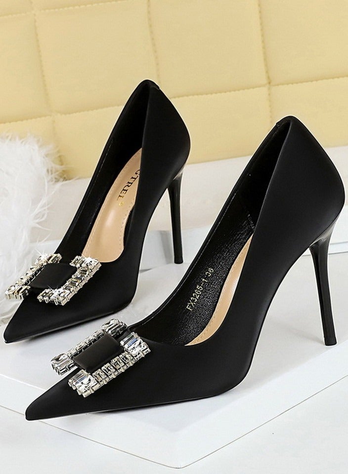 BIGTREE Women's Satin Closed Pointed Toe Stiletto Pump Rhinestone Square Buckle Decoration High Heels Black 10CM - Image 1