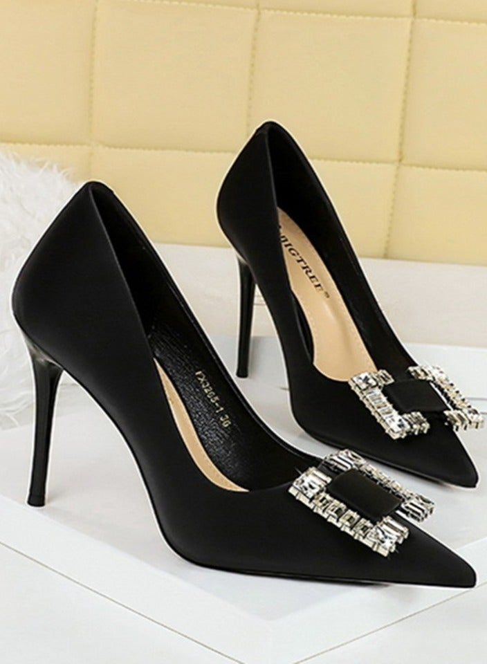 BIGTREE Women's Satin Closed Pointed Toe Stiletto Pump Rhinestone Square Buckle Decoration High Heels Black 10CM - Image 2