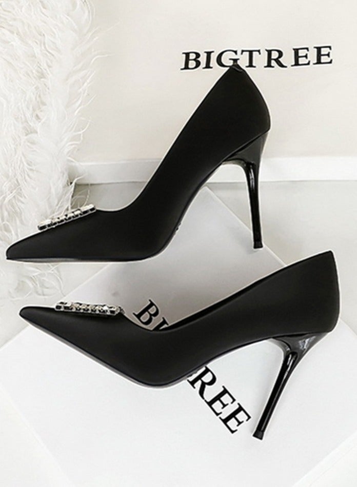 BIGTREE Women's Satin Closed Pointed Toe Stiletto Pump Rhinestone Square Buckle Decoration High Heels Black 10CM - Image 3