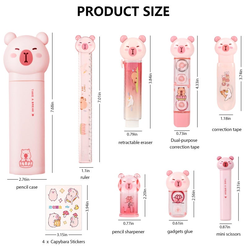 Daphilly Cute Pink Capybara School Supplies,Capybara Stationary Gift Set,Kawaii Japanese Stationery Birthday GIFS, Includes Pencil Sharpener,Eraser,Correction Tape,Stickers,Ruler,for Office School Supplies - Image 2