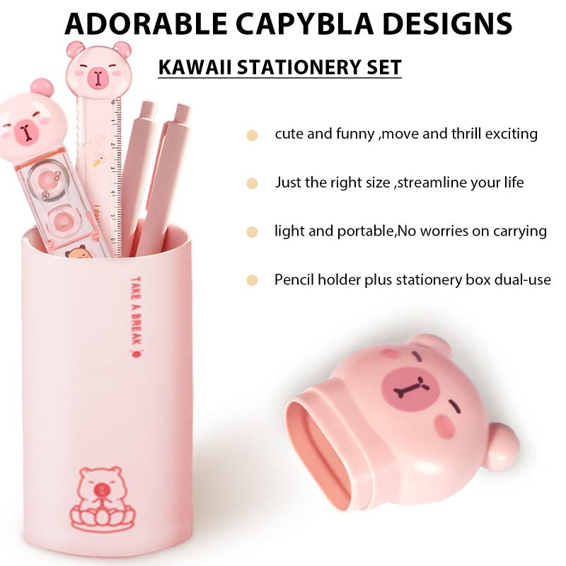 Daphilly Cute Pink Capybara School Supplies,Capybara Stationary Gift Set,Kawaii Japanese Stationery Birthday GIFS, Includes Pencil Sharpener,Eraser,Correction Tape,Stickers,Ruler,for Office School Supplies - Image 4