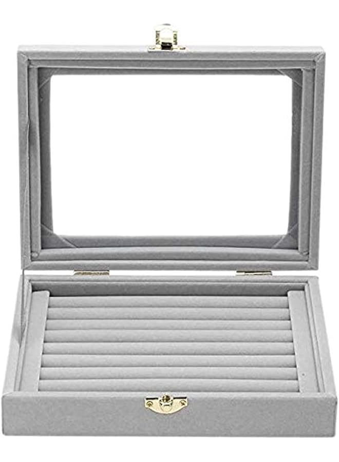 The Bros Earring Storage Case 7 Slots Ring Velvet Display Case Box Earring Ring Organizer Velvet Jewelry Tray Cufflink Storage Showcase with Clear Glass Lid Grey for Women  - Image 1