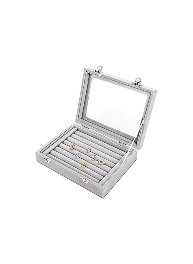 The Bros Earring Storage Case 7 Slots Ring Velvet Display Case Box Earring Ring Organizer Velvet Jewelry Tray Cufflink Storage Showcase with Clear Glass Lid Grey for Women  - Image 3