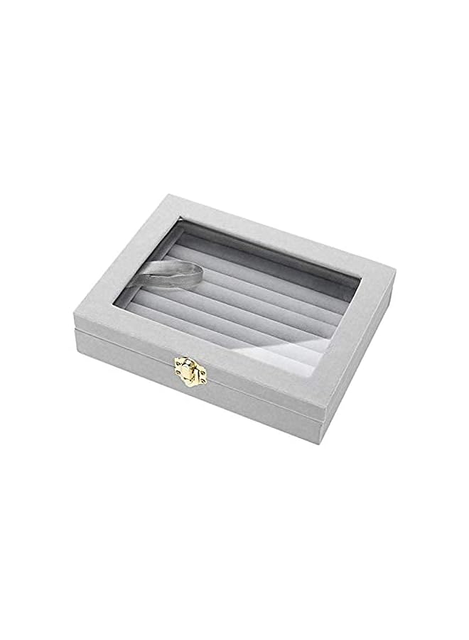 The Bros Earring Storage Case 7 Slots Ring Velvet Display Case Box Earring Ring Organizer Velvet Jewelry Tray Cufflink Storage Showcase with Clear Glass Lid Grey for Women  - Image 2