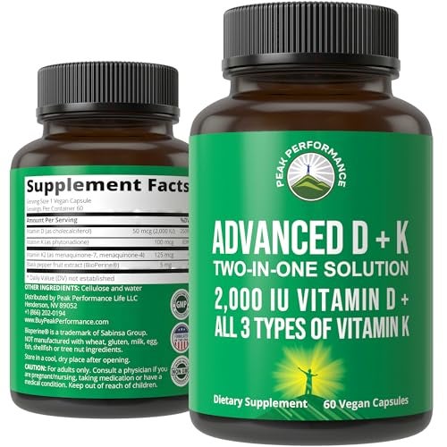 Peak Performance Advanced Vitamin D 2000 IU with All 3 Types of Vitamin K Vitamin D3 and Vitamin K2 K1 MK7 MK7 MK4 Supplements 60 Small and Easy to Swallow Vegetable Pills 2000 IU