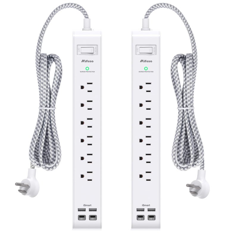 mifaso 2 Pack Power Strip, 12FT Long Extension Cord, Surge Protector with 6 Outlets and 4 USB Ports (2 USB C), Flat Plug Overload Protection, Extension Cord 10+ ft, Wall Mount for Home Office Dorm College - Image 1