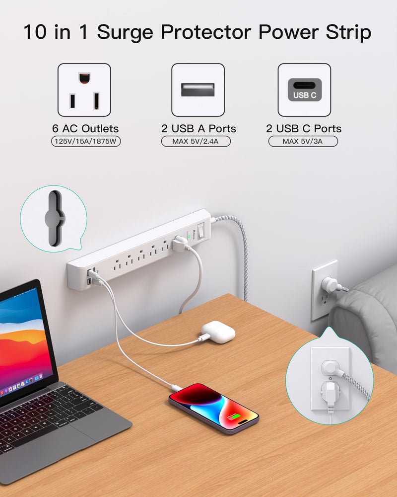 mifaso 2 Pack Power Strip, 12FT Long Extension Cord, Surge Protector with 6 Outlets and 4 USB Ports (2 USB C), Flat Plug Overload Protection, Extension Cord 10+ ft, Wall Mount for Home Office Dorm College - Image 2