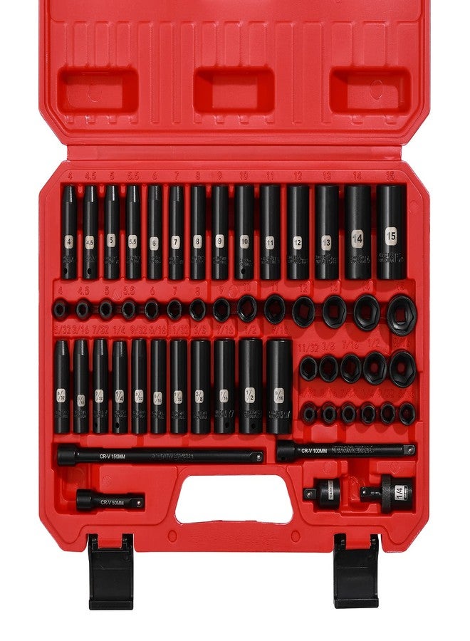 EMENTOL 55PCS 1/4" Drive Deep and Shallow Impact Socket Set, CR-V, SAE/Metric, 6 point, 5/32 Inch - 9/16 Inch, 4mm - 15mm, Impact Extension Bars, Universal Joint, Adapter - Image 2