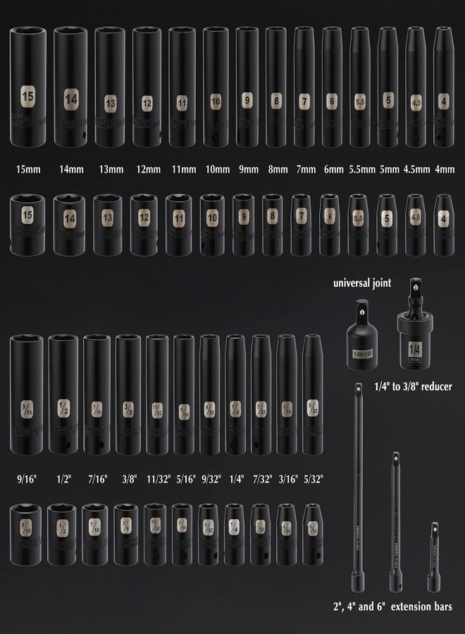 EMENTOL 55PCS 1/4" Drive Deep and Shallow Impact Socket Set, CR-V, SAE/Metric, 6 point, 5/32 Inch - 9/16 Inch, 4mm - 15mm, Impact Extension Bars, Universal Joint, Adapter - Image 3