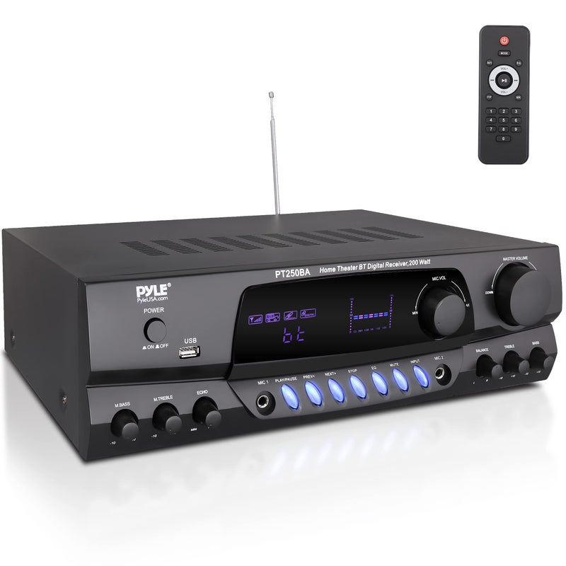 Pyle Wireless Bluetooth Power Amplifier System, 200 Watt Max, Home Theater Audio Stereo Receiver Box with FM/USB, Mic in, RCA Inputs, Echo & 2-Band EQ Control, Digital Display Screen - PT250BA - Image 1