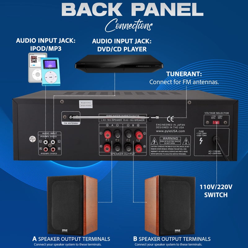 Pyle Wireless Bluetooth Power Amplifier System, 200 Watt Max, Home Theater Audio Stereo Receiver Box with FM/USB, Mic in, RCA Inputs, Echo & 2-Band EQ Control, Digital Display Screen - PT250BA - Image 3