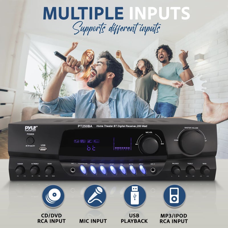 Pyle Wireless Bluetooth Power Amplifier System, 200 Watt Max, Home Theater Audio Stereo Receiver Box with FM/USB, Mic in, RCA Inputs, Echo & 2-Band EQ Control, Digital Display Screen - PT250BA - Image 5