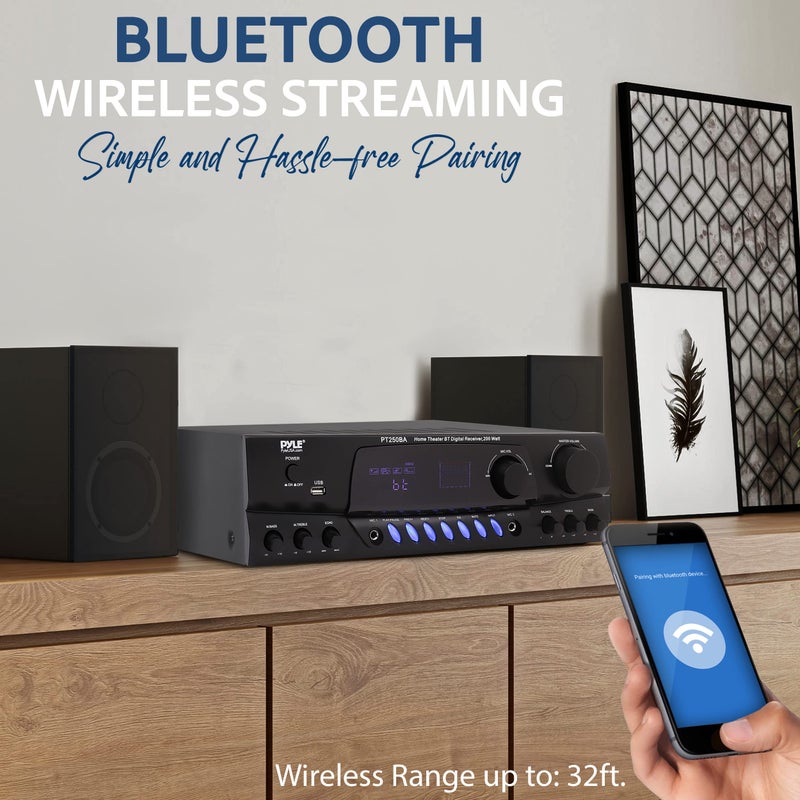 Pyle Wireless Bluetooth Power Amplifier System, 200 Watt Max, Home Theater Audio Stereo Receiver Box with FM/USB, Mic in, RCA Inputs, Echo & 2-Band EQ Control, Digital Display Screen - PT250BA - Image 4