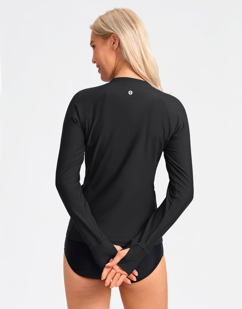 SANTINY Women's Rash Guard UPF50+ SPF UV Protection Long Sleeve Swimsuit Top with Pockets Zip Front Swim Shirts Woman (Black_M) - Image 3