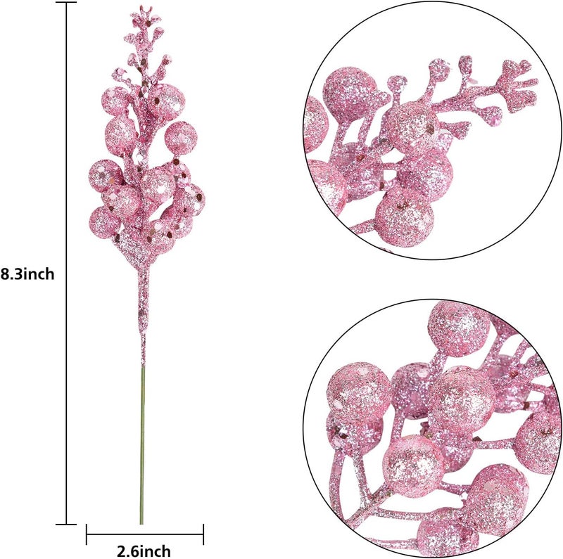 Lvydec 16pcs Christmas Glitter Berry Stems Clearance, 7.8" Artificial Christmas Picks for Christmas Tree Ornaments, DIY Xmas Wreath, Crafts, Holiday and Home Decor (Pink) - Image 2