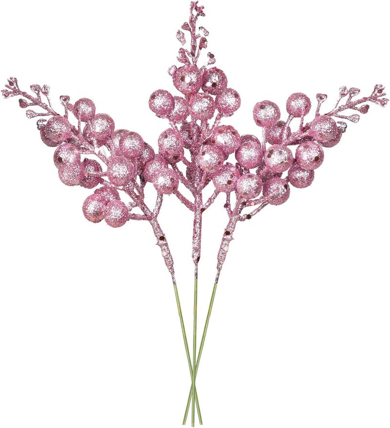 Lvydec 16pcs Christmas Glitter Berry Stems Clearance, 7.8" Artificial Christmas Picks for Christmas Tree Ornaments, DIY Xmas Wreath, Crafts, Holiday and Home Decor (Pink) - Image 1