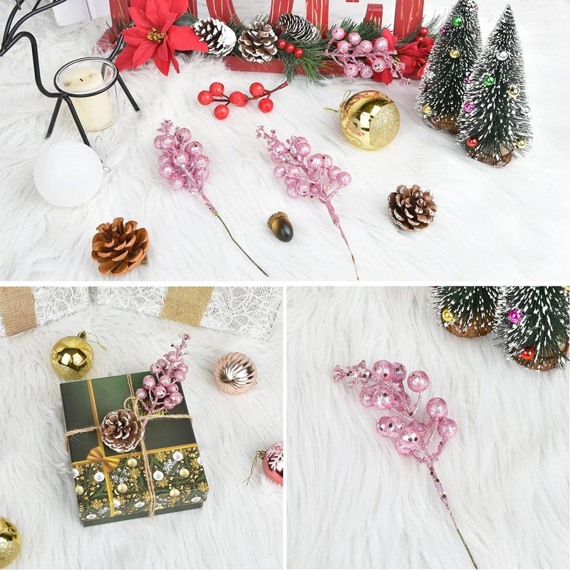 Lvydec 16pcs Christmas Glitter Berry Stems Clearance, 7.8" Artificial Christmas Picks for Christmas Tree Ornaments, DIY Xmas Wreath, Crafts, Holiday and Home Decor (Pink) - Image 3