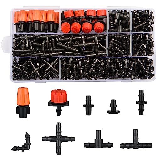 CESTAME 300Pcs Drip Irrigation Fittings Kit for 1/4" Tubing, Drip Line Connectors for Drip Systems- Drip Emitters, Nozzles, Nozzle Tees, Single barbs, 4-Way Connectors, End Plugs, Elbows, Tees, Couplings - Image 1