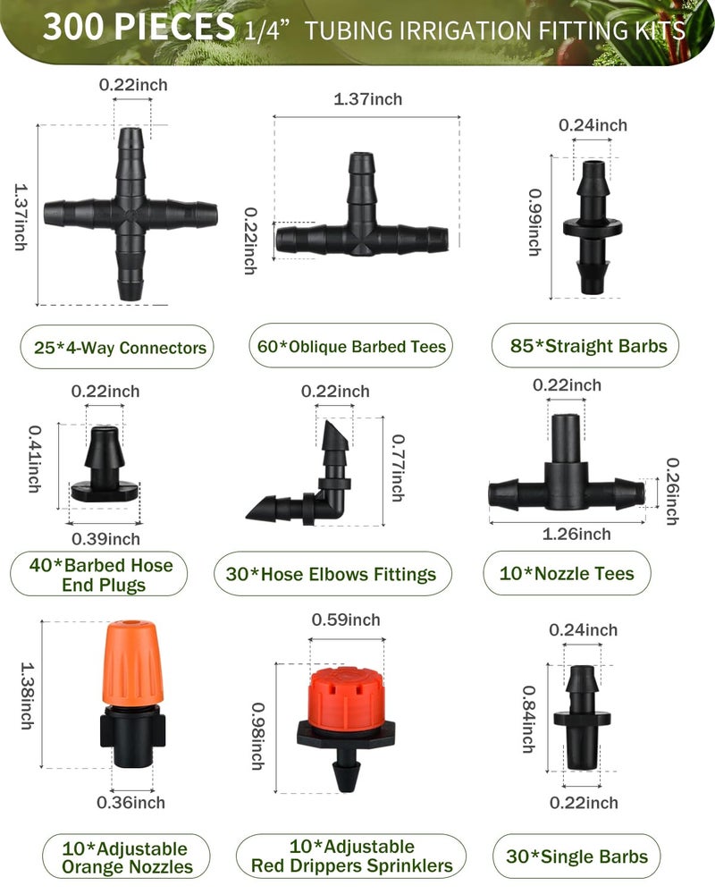 CESTAME 300Pcs Drip Irrigation Fittings Kit for 1/4" Tubing, Drip Line Connectors for Drip Systems- Drip Emitters, Nozzles, Nozzle Tees, Single barbs, 4-Way Connectors, End Plugs, Elbows, Tees, Couplings - Image 2