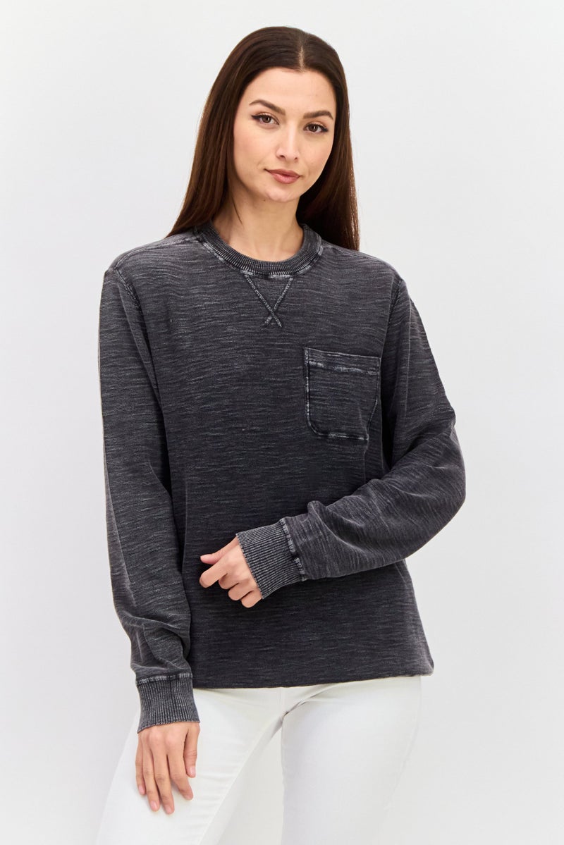 TRUE GRIT Women Crew Neck Textured Sweatshirts, Vintage Black  - Image 1