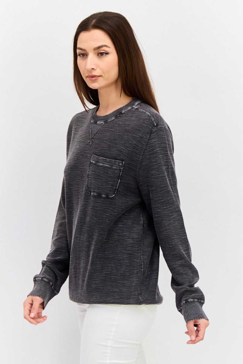 TRUE GRIT Women Crew Neck Textured Sweatshirts, Vintage Black  - Image 2