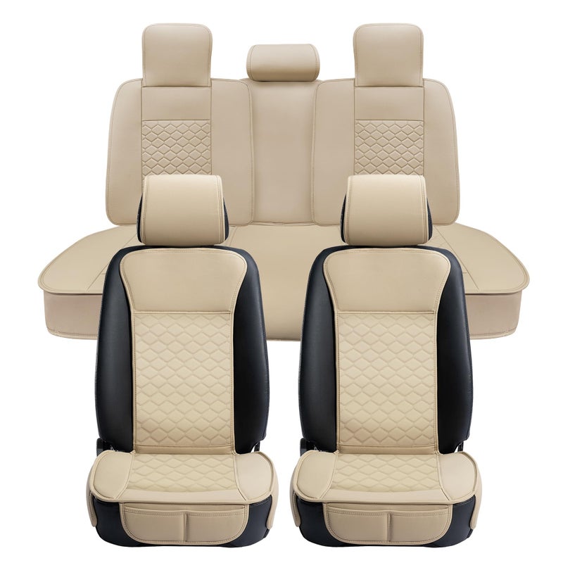 Elantrip Auto Car Seat Covers Leather Car Seat Protector for Women Airbag Compatible Diamond Pattern PU Seat Cover Universal Fitness 2PCs Beige - Image 1