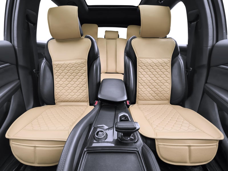 Elantrip Auto Car Seat Covers Leather Car Seat Protector for Women Airbag Compatible Diamond Pattern PU Seat Cover Universal Fitness 2PCs Beige - Image 4