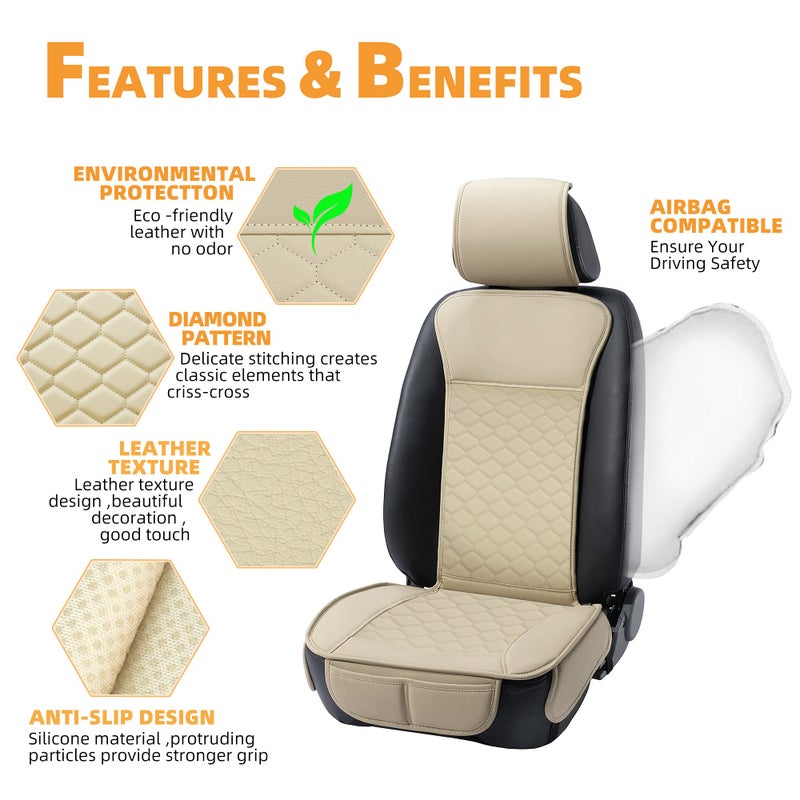 Elantrip Auto Car Seat Covers Leather Car Seat Protector for Women Airbag Compatible Diamond Pattern PU Seat Cover Universal Fitness 2PCs Beige - Image 3