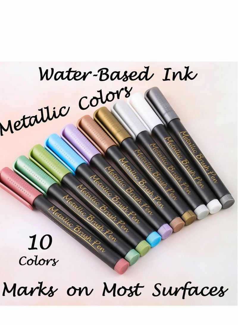 شو وو Metallic Brush Marker Pens - Art Markers for Calligraphy, Lettering, Black Paper, Rock Painting, Card Making, Scrapbooking, Fabric, Metal, Ceramics, Wine Glass, Set of 10 - Image 4
