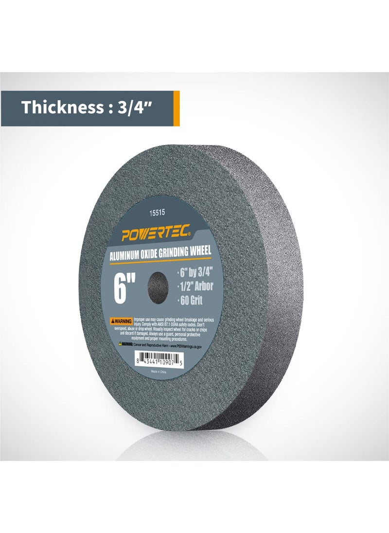 POWERTEC POWERTEC Bench Grinder Wheel 6 Inch 60 Grit, Aluminum Oxide Grinding Wheel for Bench Pedestal Grinder, 3/4" Thick 1/2" Arbor, Sharpening & Shaping Drill Bits, Blade, and Chisel 1PK (15515)  - Image 2