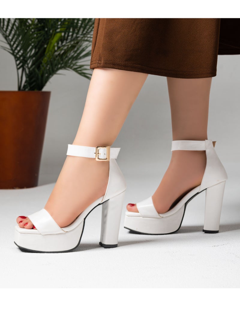 صندل كعب عالى جلد H-12 - ابيض