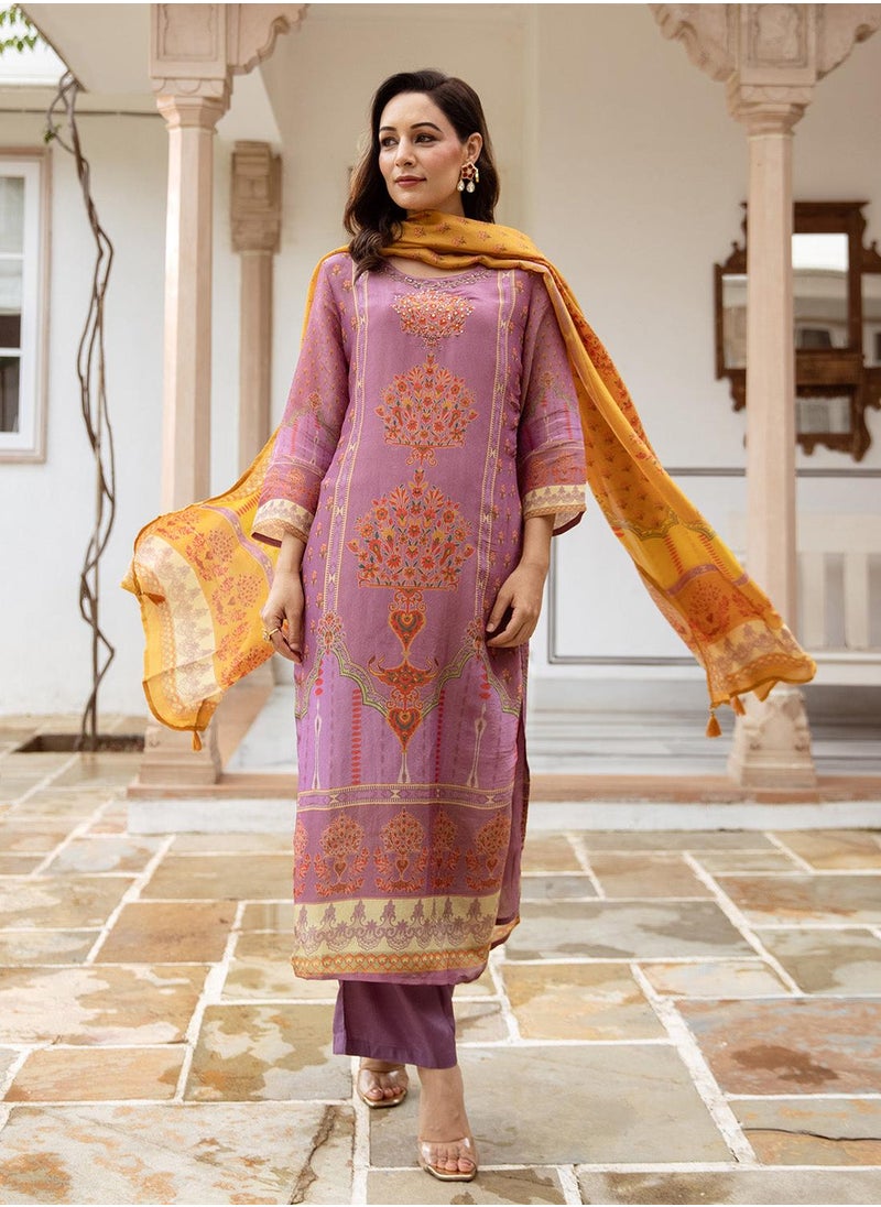 ISHIN Women's Purple Tissue Shimmer Printed Tunic Full Length Casual Straight Fit Kurta Set  - Image 5