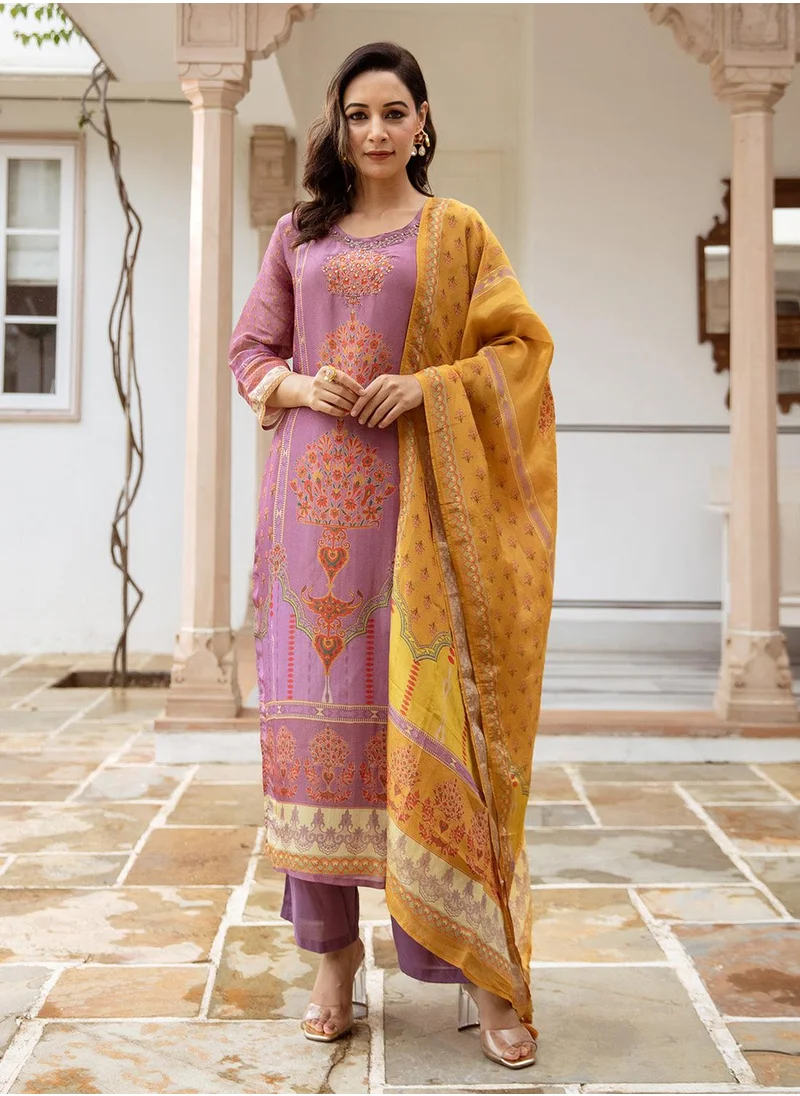 آي شين Women's Purple Tissue Shimmer Printed Tunic Full Length Casual Straight Fit Kurta Set