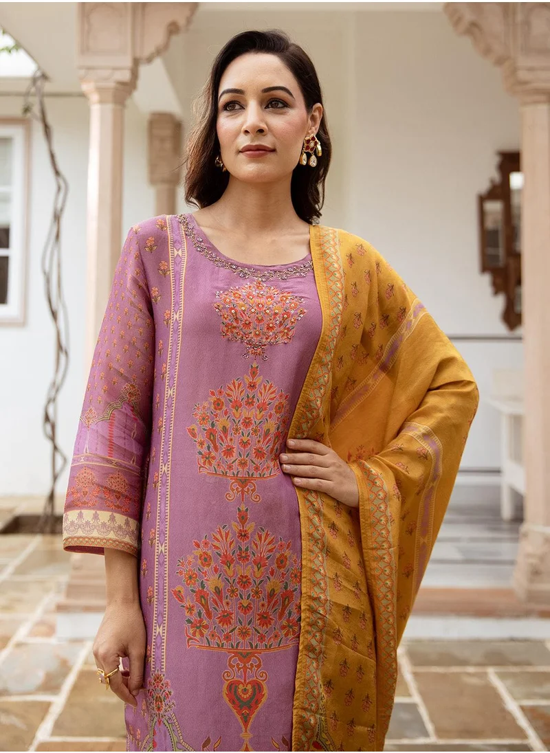 آي شين Women's Purple Tissue Shimmer Printed Tunic Full Length Casual Straight Fit Kurta Set