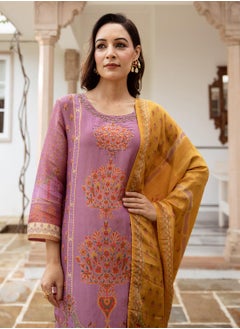 ISHIN Women's Purple Tissue Shimmer Printed Tunic Full Length Casual Straight Fit Kurta Set  - Image 1