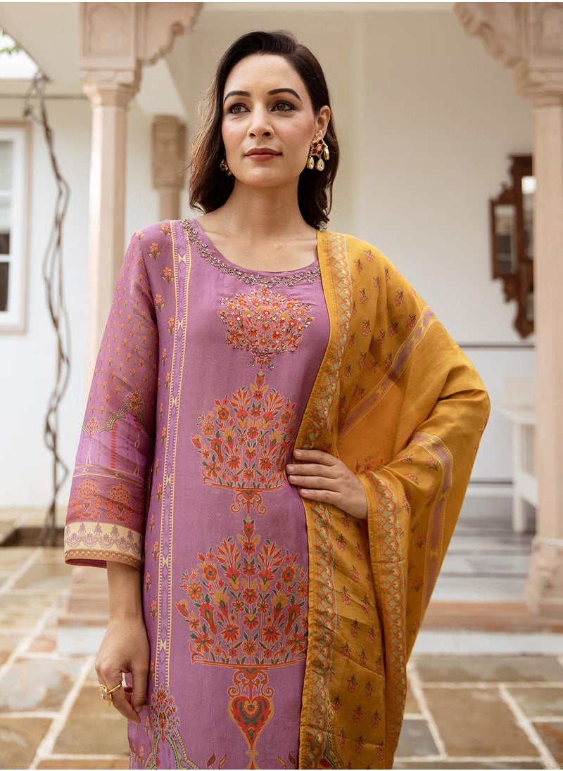 ISHIN Women's Purple Tissue Shimmer Printed Tunic Full Length Casual Straight Fit Kurta Set  - Image 1