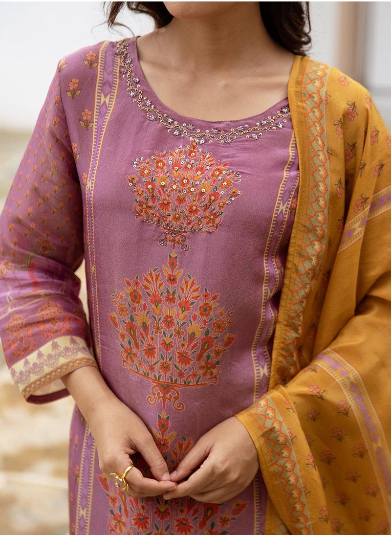ISHIN Women's Purple Tissue Shimmer Printed Tunic Full Length Casual Straight Fit Kurta Set  - Image 3