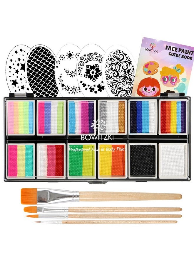 Bowitzki Face Paint 12X10 Gm Professional Body Painting Kit For Kids Adults Stencil One Stroke Split Cake Non Toxic Rainbow Flora Dolphin Unicorn Flame Makeup Halloween Christmas Easter - Bright Set - Image 1