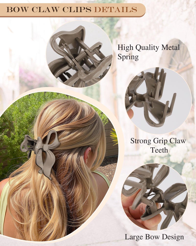 Lourny 4 PCS Bow Hair Clips Bow Claw Clip for Women, Large Hair Claw Clips for Thin Thick Long Hair Cute Nonslip Bows(White+Black+Grey+Naked Pink) - Image 3